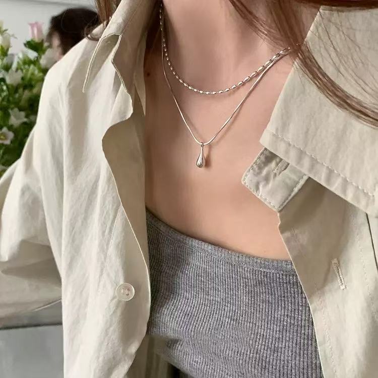 Silver droplet double-layer necklace color